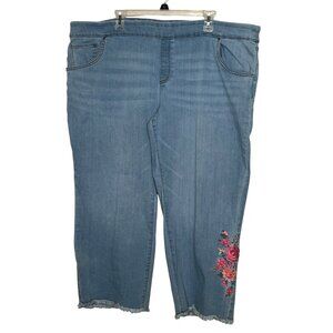 The Pioneer Woman Embroidered Floral Capri Wide-Leg Jeans 2X Frayed Hem Stretch